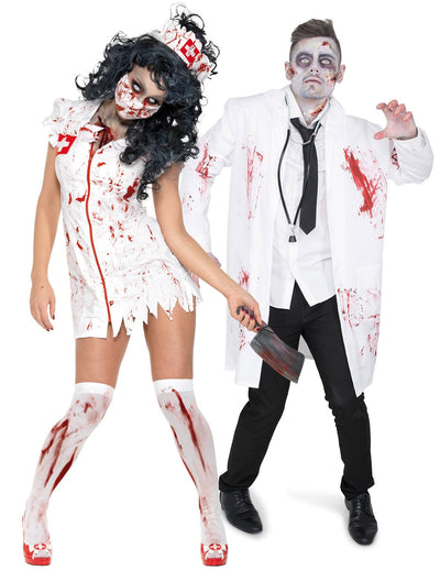 Pár kostým zombie doktora a zdravotní sestry na Halloween pro dospělé
