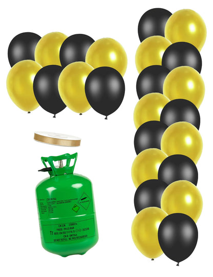 Heliumflaschen-Set mit 12 schwarzen Ballons, 12 goldenen Ballons und Band