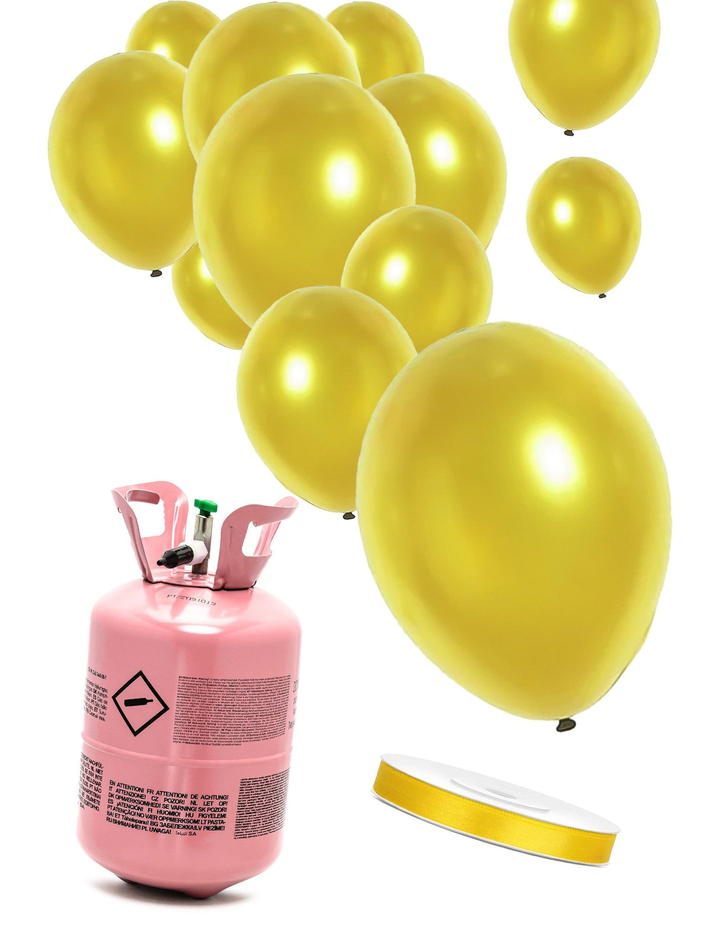 Heliumflasche-Set mit 12 goldenen Ballons und Satinband
