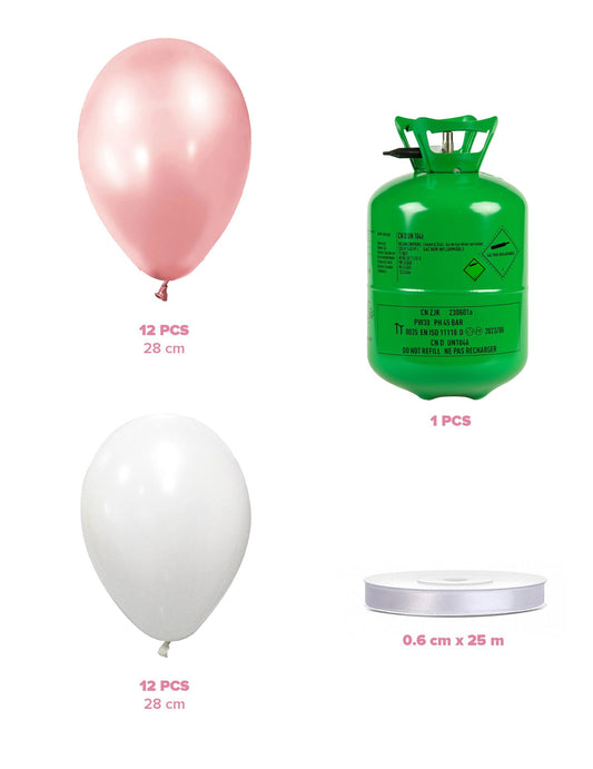 Sada s lahví hélia s 12 balónky v barvě rose gold, 12 bílými balónky a stužkou