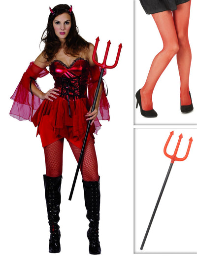 Balíček kostýmu ďáblice pro ženy s punčochami a vidlemi na Halloween