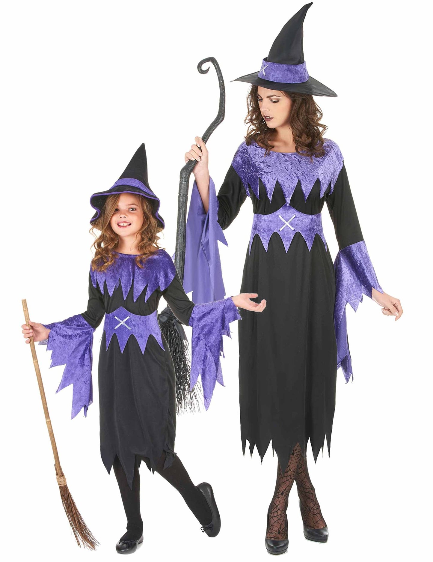 Párový kostým fialových čarodějnic na Halloween pro matku a dceru