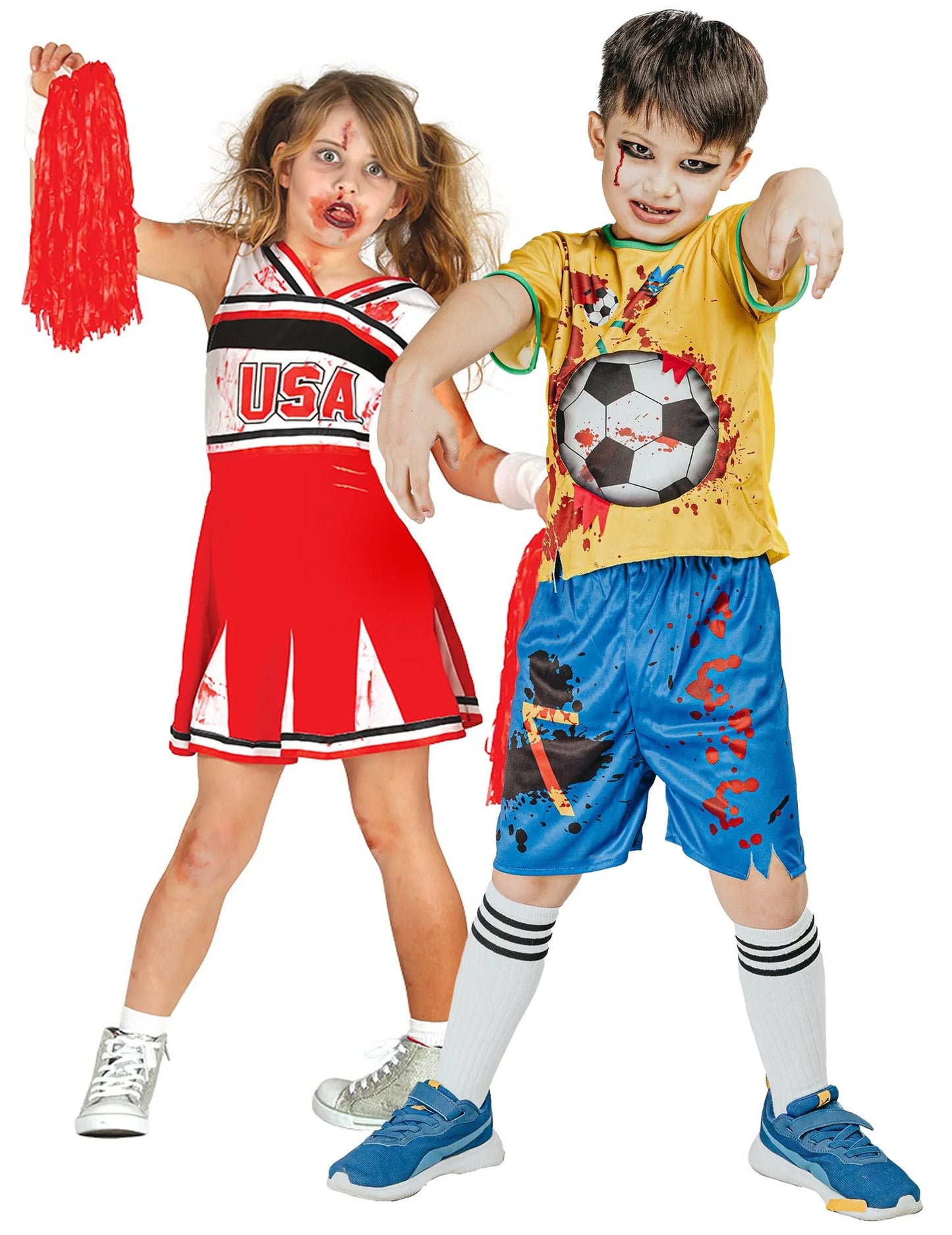 Zombie-Cheerleader- und Fußballspieler-Paarkostüm für Kinder