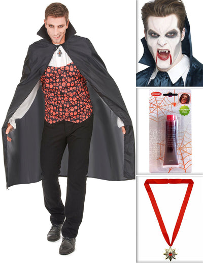 Balíček upíra s pláštěm, zuby, falešnou krví a medailonem na Halloween