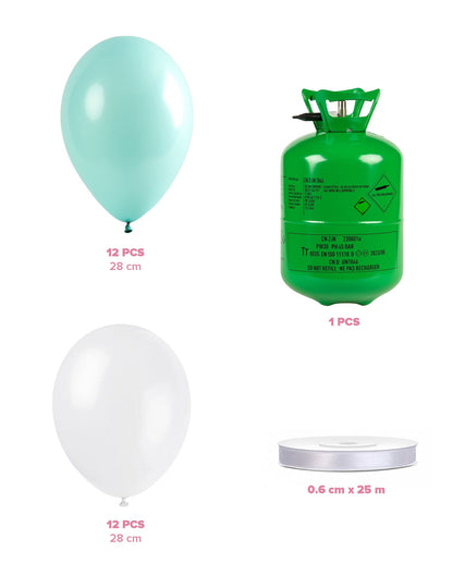 Heliumflaschen-Set mit 12 mintfarbenen Luftballons, 12 weißen Luftballons und Band