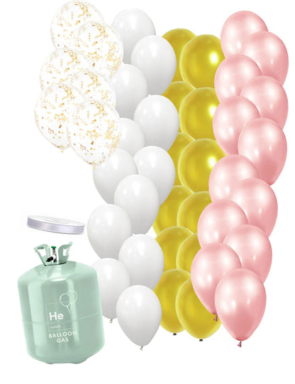 Sada s lahví hélia s růžovými a zlatými balónky na baby shower
