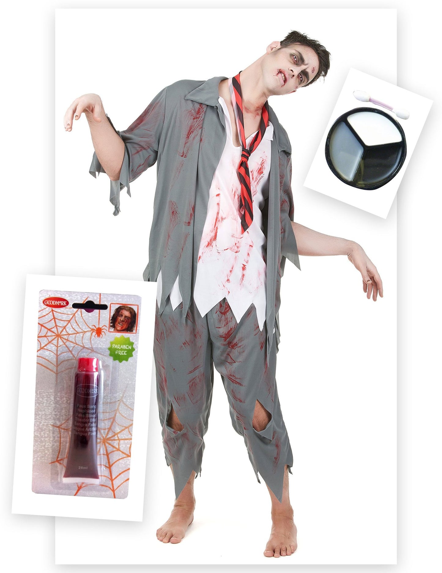 Zombie-Herren-Kostümset mit Kunstblut und Halloween-Schminke