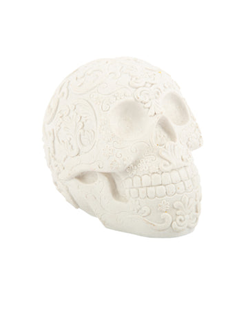 Bílá lebka s vyvýšenými motivy calavera 14 cm