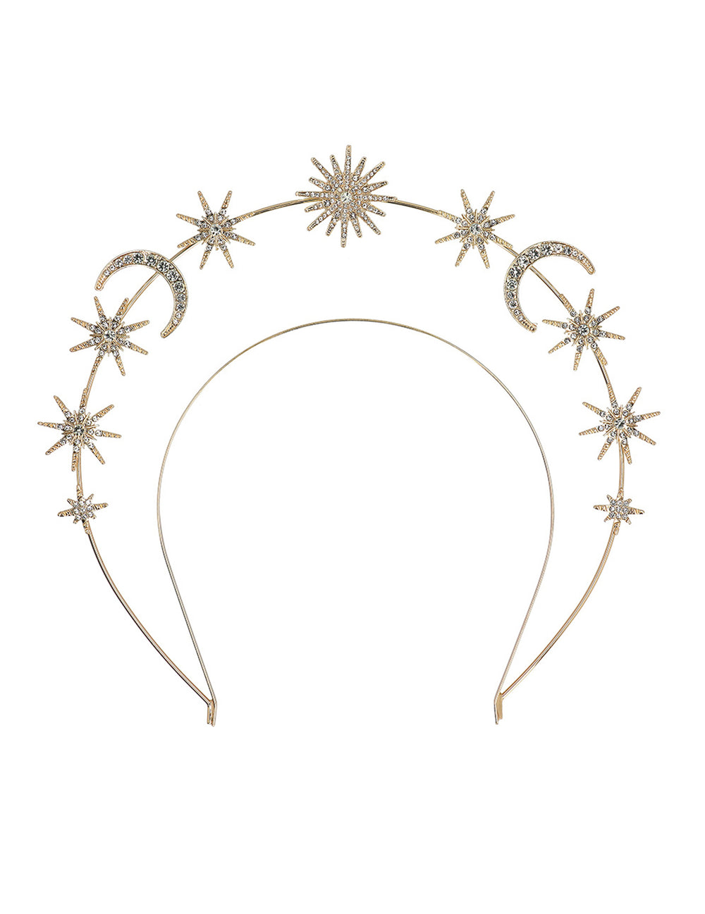 Détail des lunes et étoiles de la tiare métallique soleil, lunes et étoiles