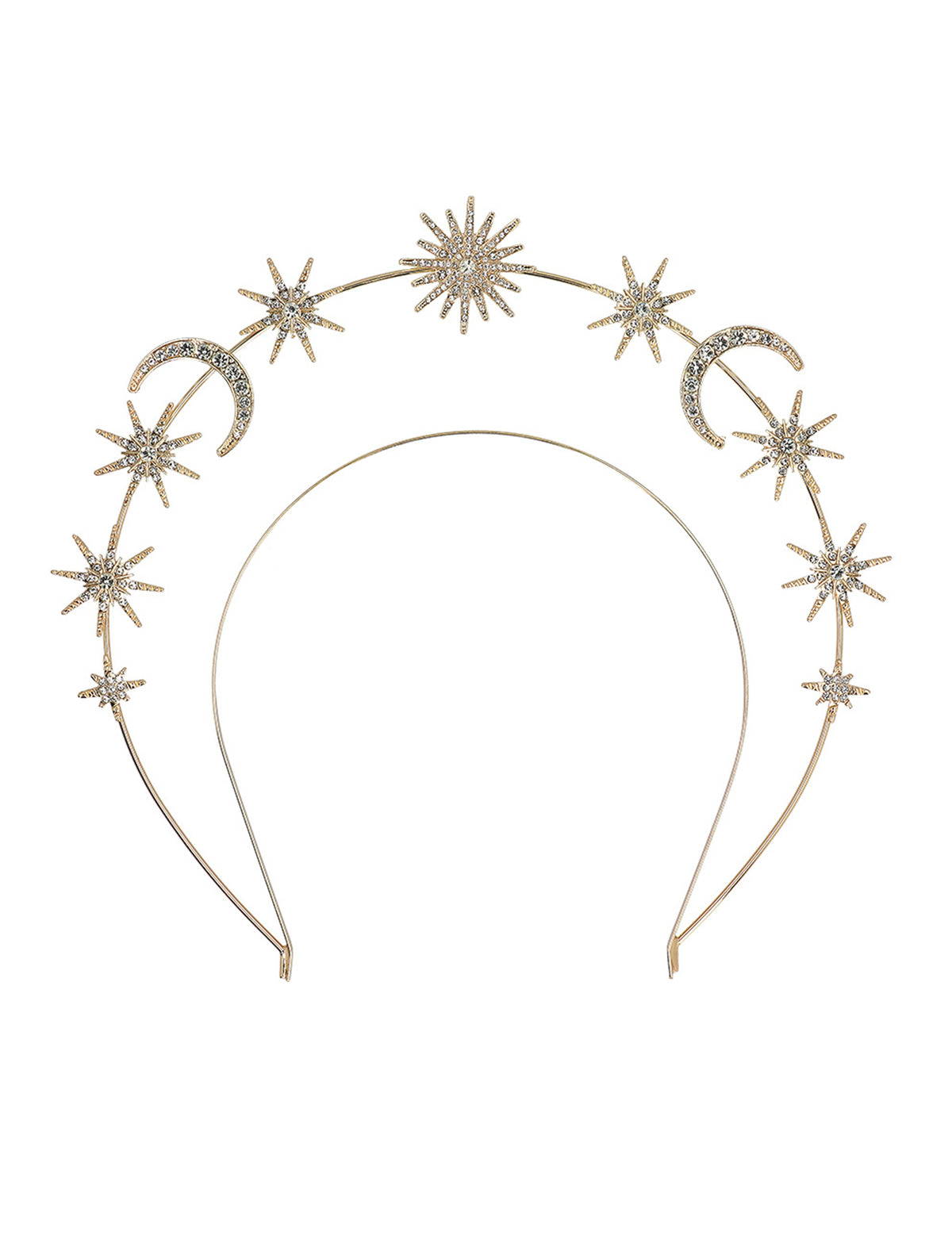 Détail des lunes et étoiles de la tiare métallique soleil, lunes et étoiles