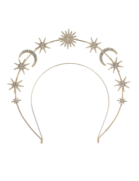Détail des lunes et étoiles de la tiare métallique soleil, lunes et étoiles