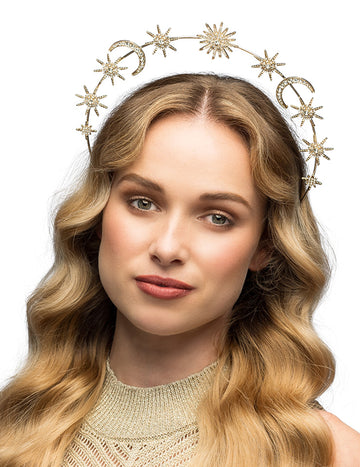 Kovová tiára se sluncem, měsíci a hvězdami