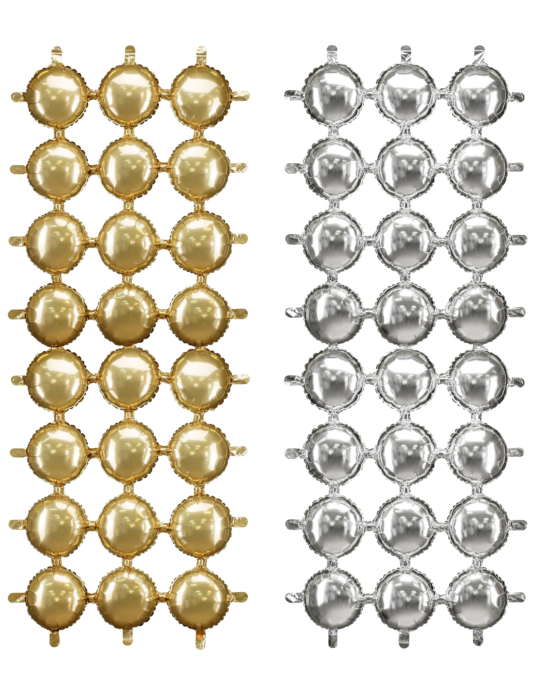 Vue d'ensemble des modèles doré et argenté du décor en ballon aluminium double face pour fête