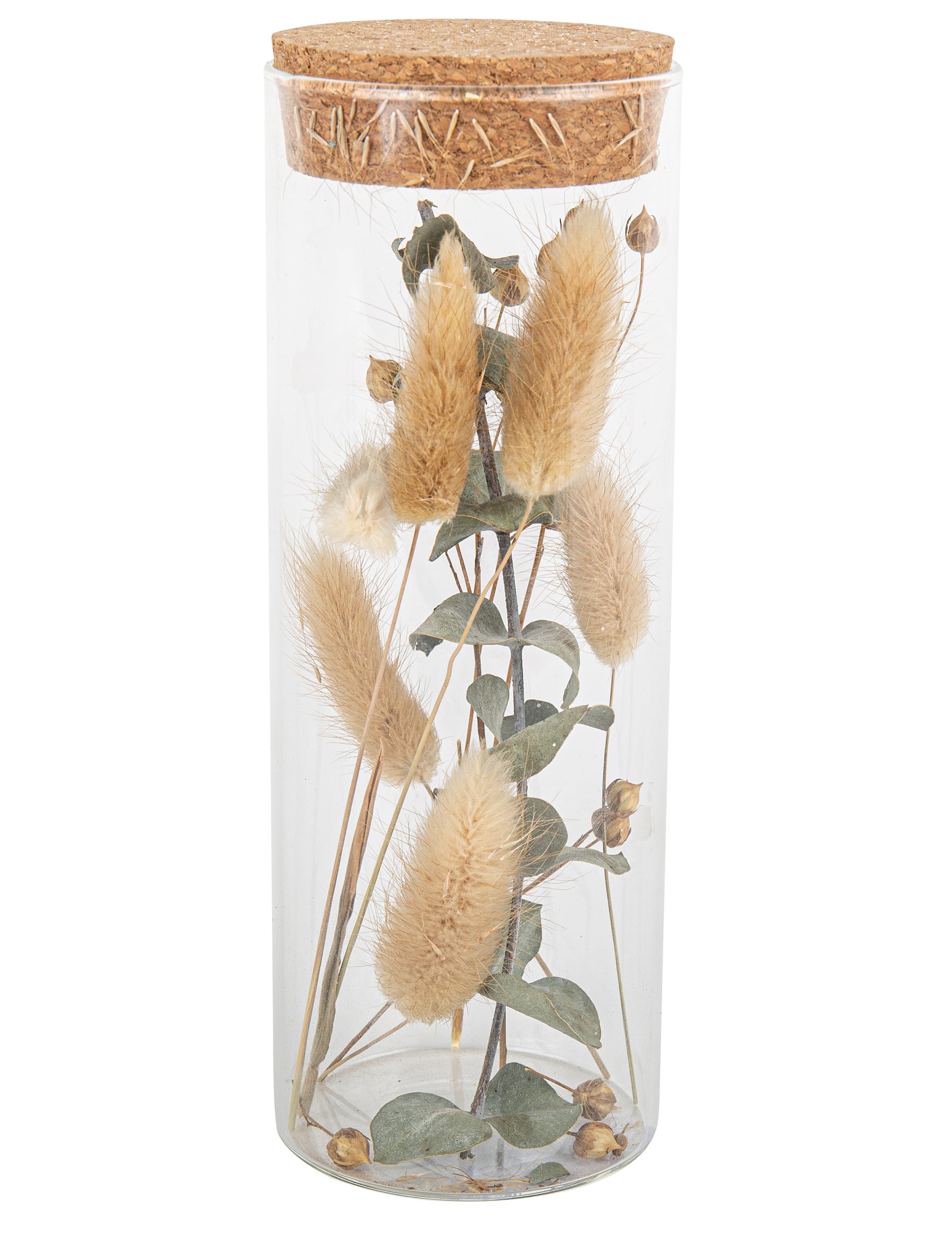 Tube en verre plumeaux et eucalyptus avec bouchon liège beige et vert