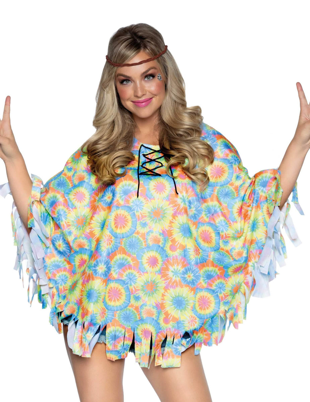 Tunika s hippie čelenkou pro ženu vícebarevné s motivy tie-dye a třásněmi