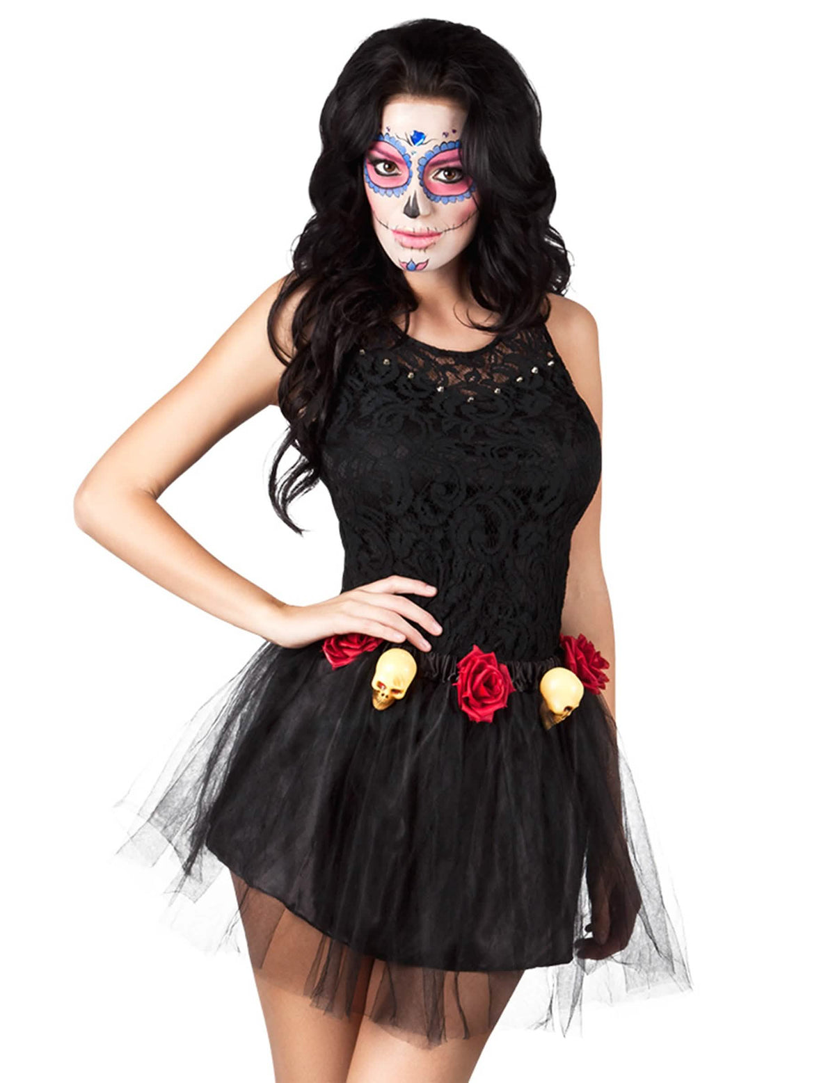 Tutu Dia de los muertos pro ženu černá s červenými růžemi a malými lebkami