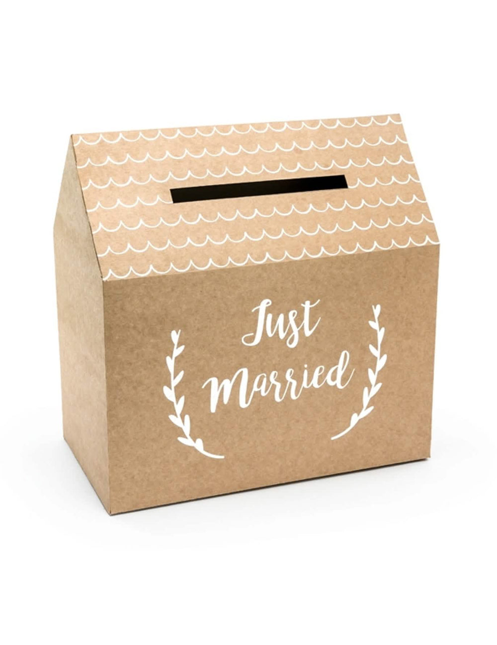 Krabička Just Married na svatbu z hnědého kartonu ve tvaru domu