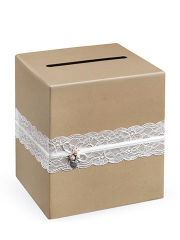 Kraftová urna s bílou krajkou 24 x 24 x 24 cm