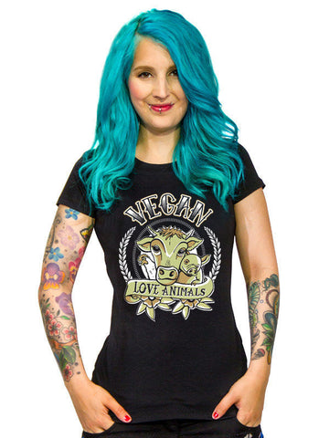 Vegan Girlie tričko - Vegan Love Animals černé-pestré 