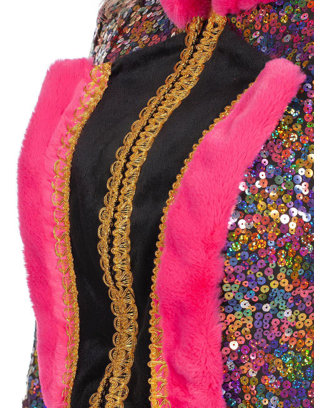 Détail des finitions dorées et de la fourrure du buste de la veste à sequins de luxe