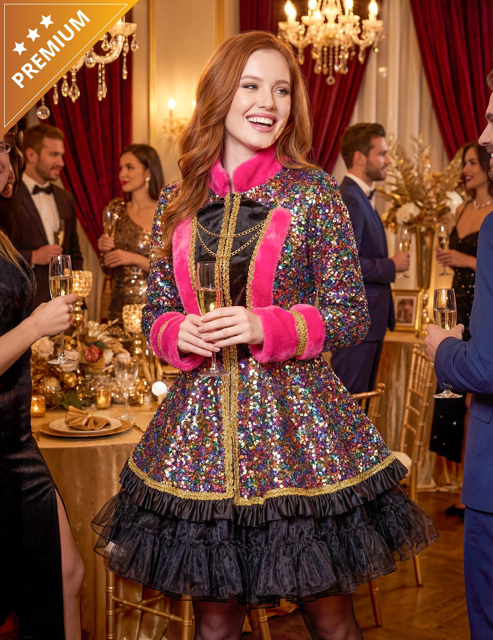 Veste à sequins de luxe pour femme multicolore avec fourrure rose et dorures