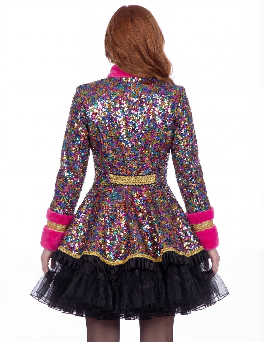 Veste à sequins de luxe pour femme multicolore avec fourrure rose et jupon noir