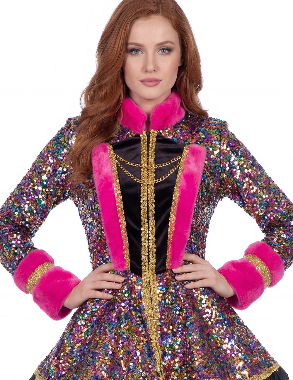 Détail du buste et du col de la veste à sequins de luxe pour femme