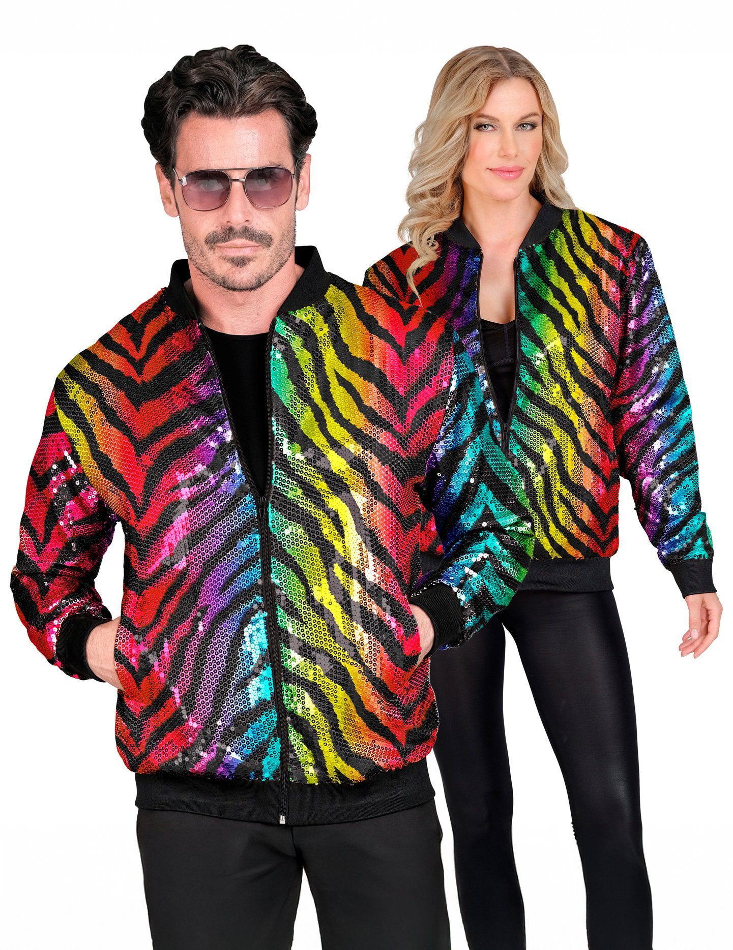 Dospělá vícebarevná flitrovaná bunda s tygřím vzorem