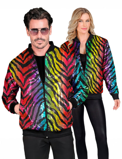 Dospělá vícebarevná flitrovaná bunda s tygřím vzorem