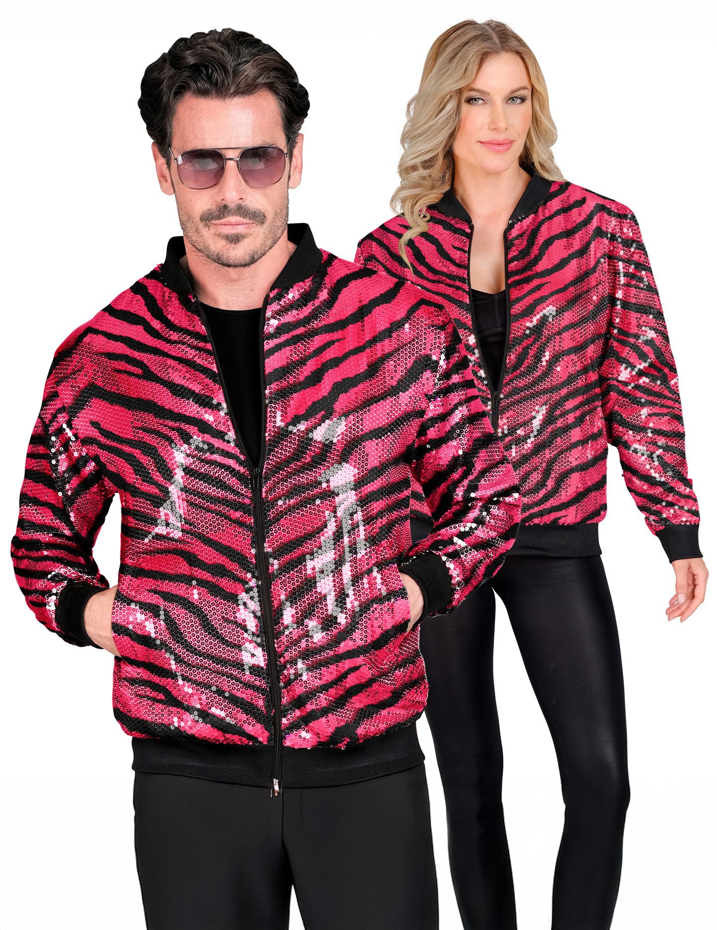 Růžová flitrovaná bunda pro dospělé s tygřím vzorem