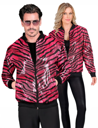 Růžová flitrovaná bunda pro dospělé s tygřím vzorem