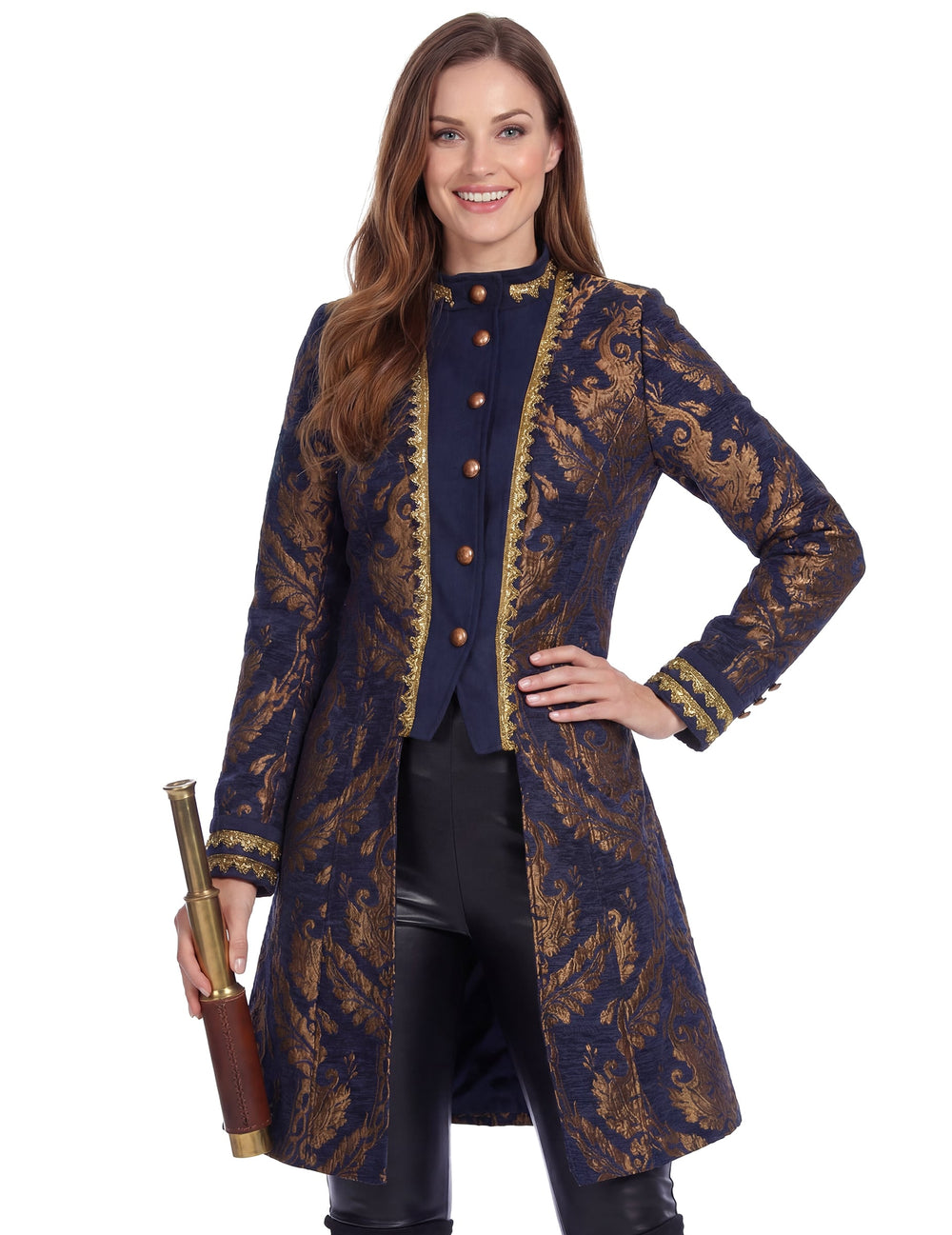 Détail des broderies et de la longue-vue de la veste baroque brodée luxe