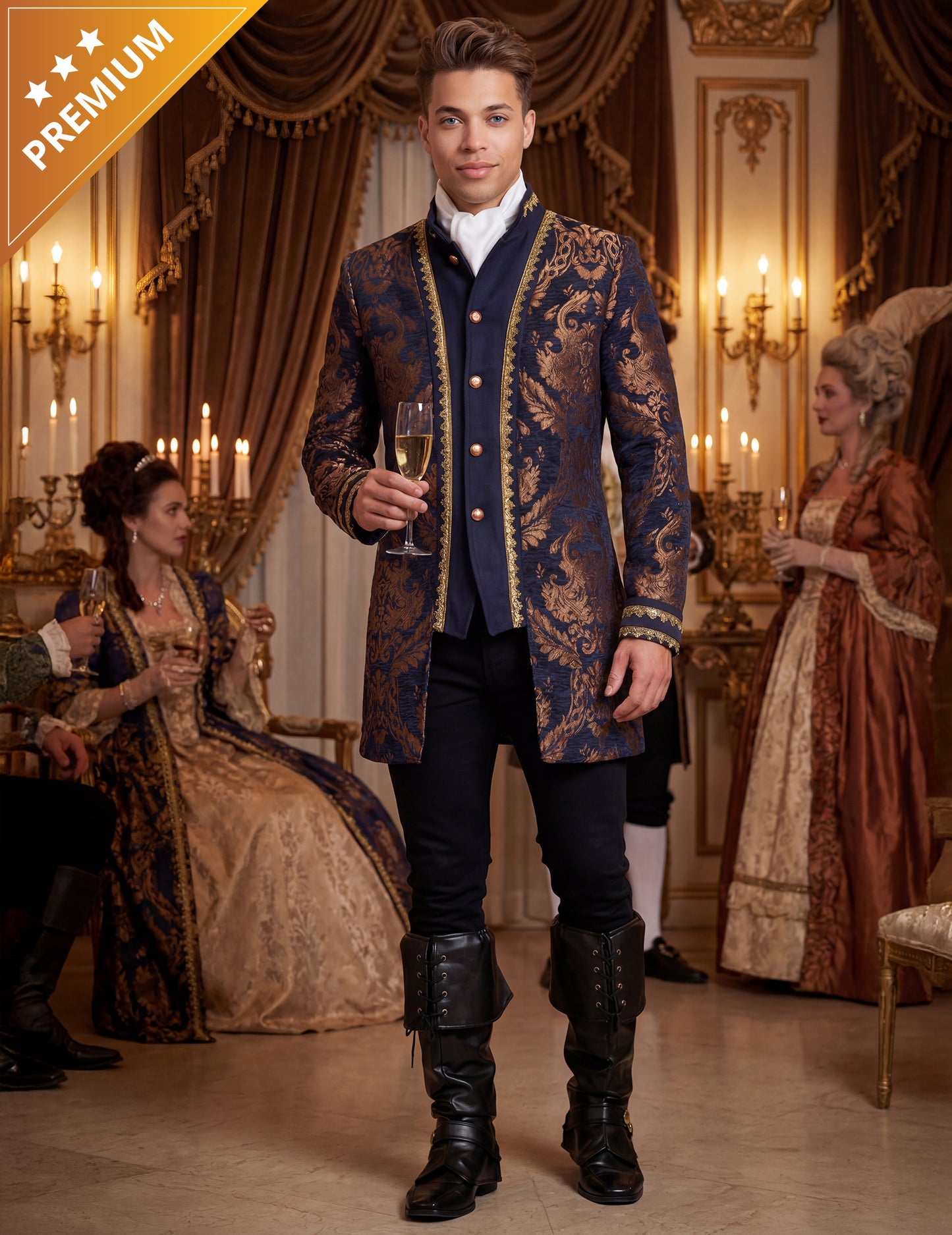 Pánská luxusní modrá vyšívaná barokní bunda