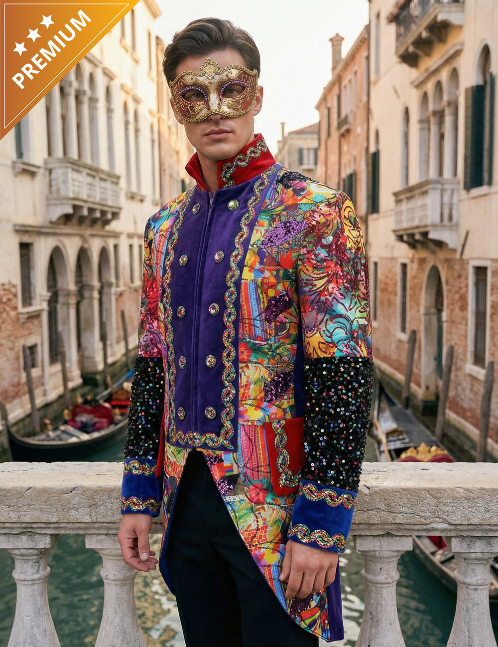 Veste de carnaval style Fiesta Carnavale pour homme multicolore haut de gamme avec masque
