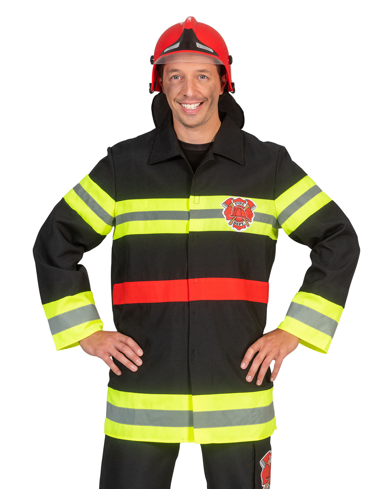 Veste de pompier pour adulte noire à bandes réfléchissantes jaunes et rouges