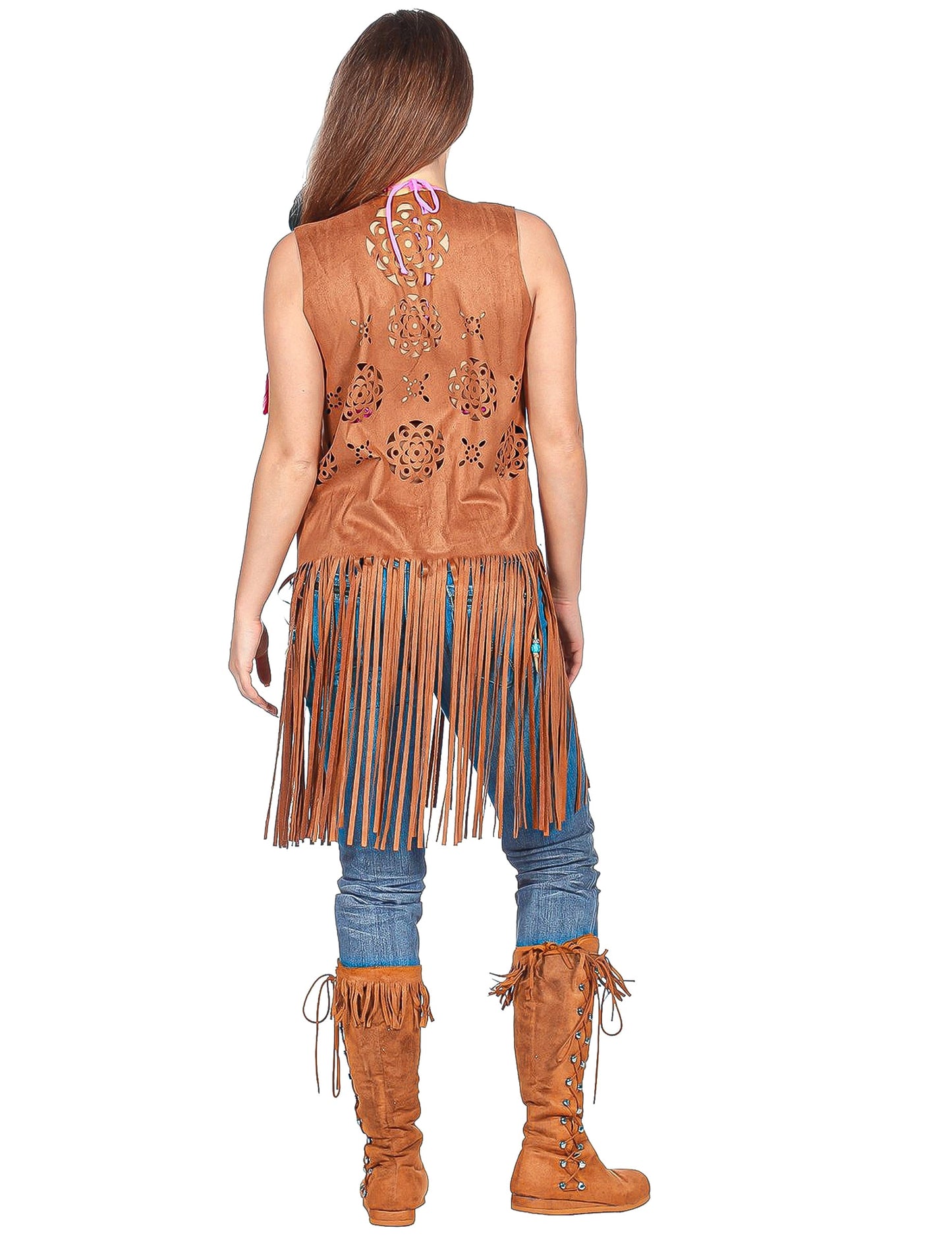 Dlouhá hnědá hippie bunda s třásněmi pro ženy