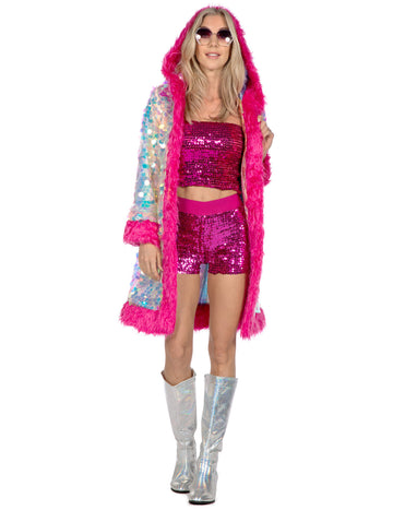 Luxusní dámská dlouhá bunda s holografickými flitry