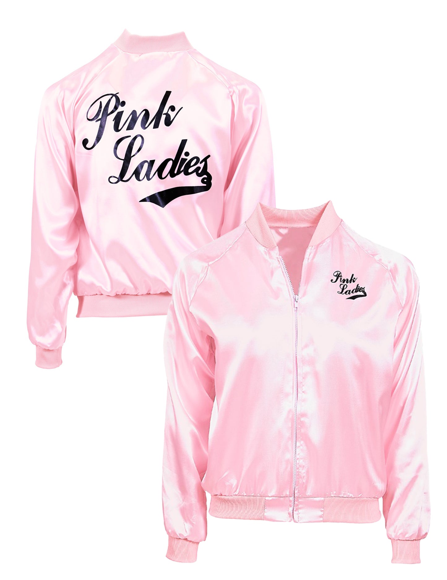 Vues de face et de dos de la veste rock'n roll pour femme Pink Ladies