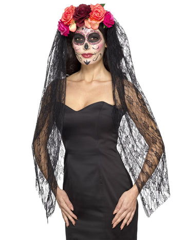 Voile Dia de los muertos pour femme avec fleurs colorées luxe