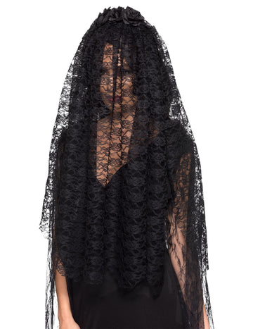 Voile long veuve noire pour adulte noir en dentelle fleurie